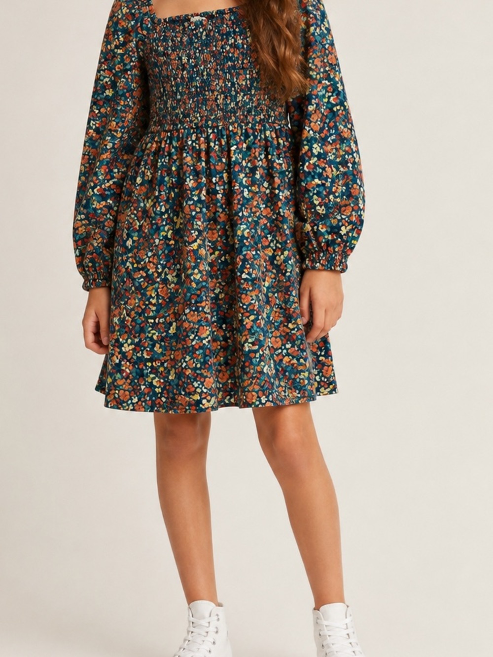 Crewcuts Teal Floral Smocked Dress with Puff Sleeves